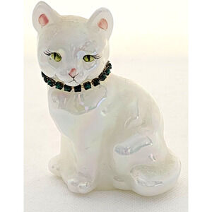 Cat-Fenton-Vintage-Opalescent White-Green Eyes-Green Rhinestones-4 in-Signed